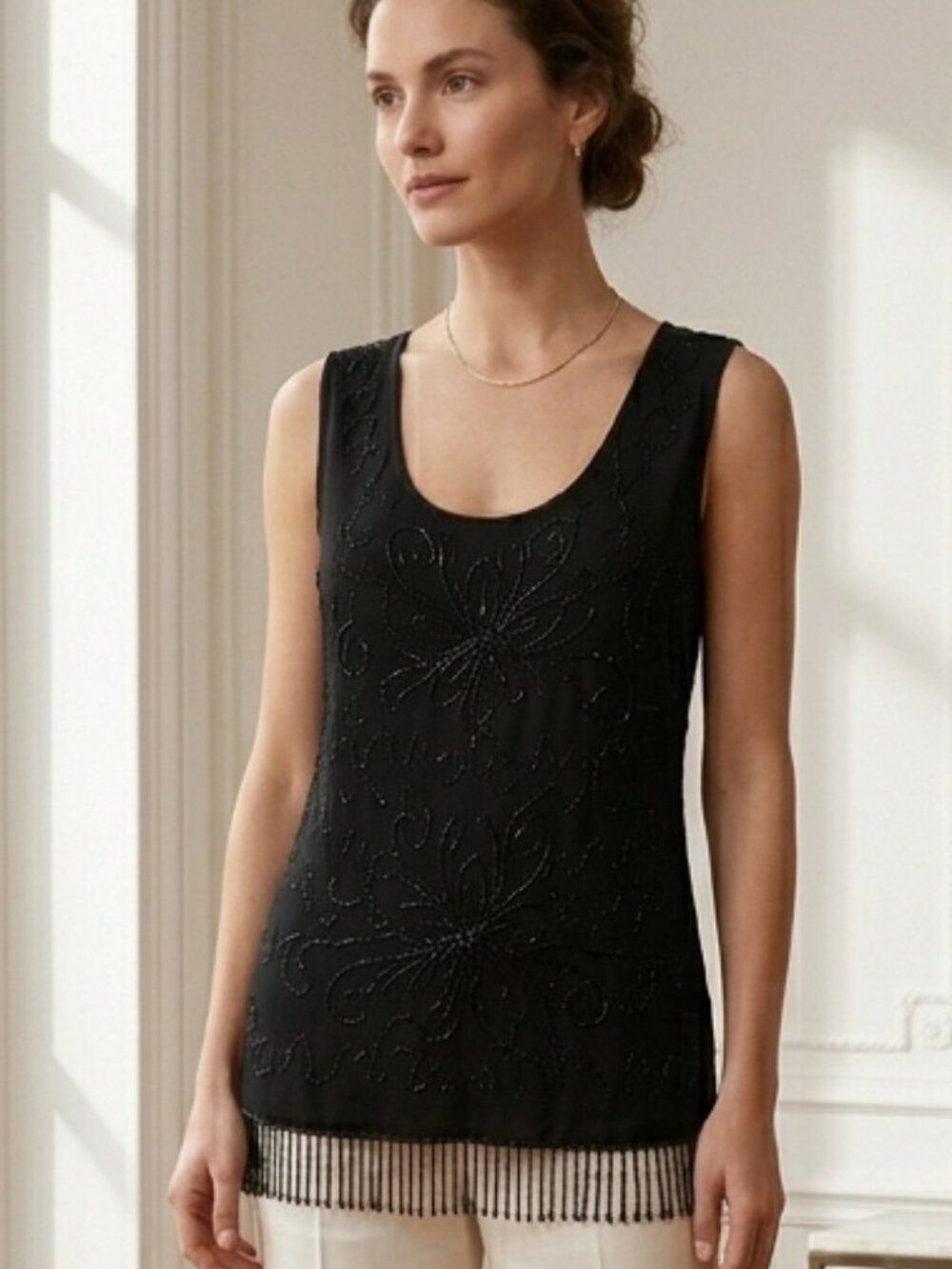 Venini Black Beaded Sleeveless Top Tiered Fringe Hem Evening Blouse Size Large